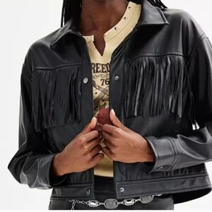 NO BOUNDARIES Fringe Front Black Faux Leather Jacket Size Large 11-13